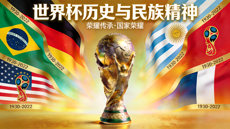 世界杯冠军奖杯与不同国家国旗元素融合的背景图，展示世界杯历史与民族精神