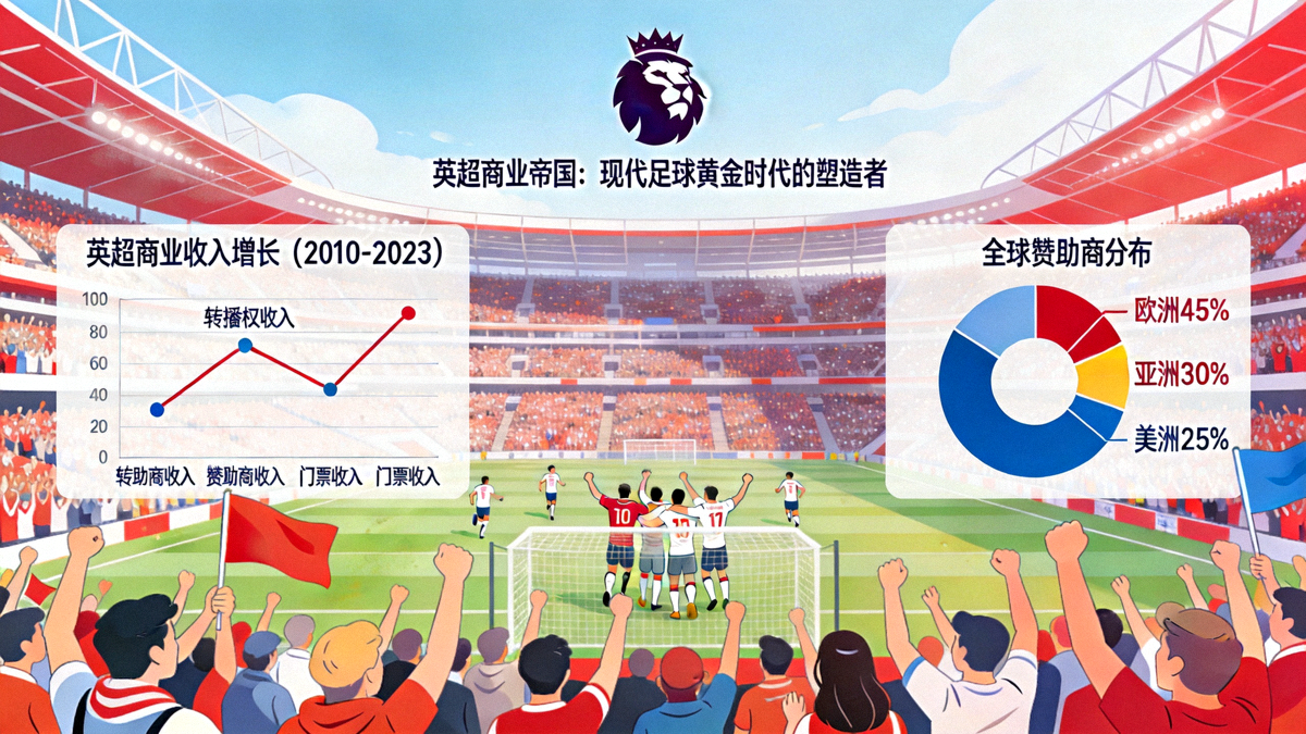 英超联赛标志与商业图表、球场座无虚席的合成图像，展示英超商业帝国如何塑造现代足球黄金时代
