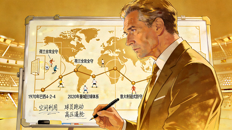 战术板与足球教练半身像叠加，象征全球足球战术演变与主帅笔记深度解析