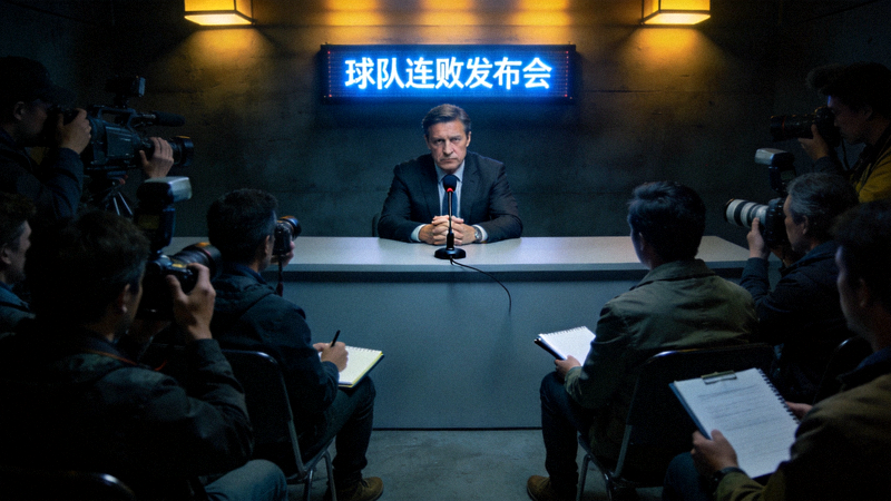 足球主教练在球队连败后的发布会上表情严肃，面对众多记者，背景是昏暗的采访室