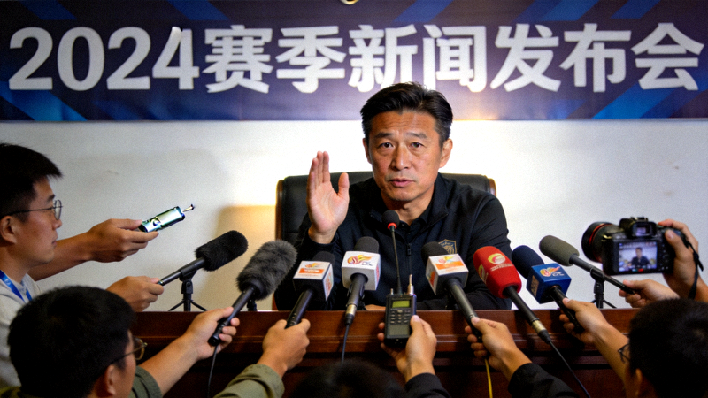足球主教练在新闻发布会上面对众多记者和麦克风，表情镇定自若，正在回答提问
