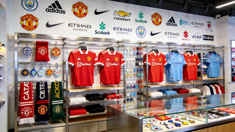 英超豪门俱乐部如曼联、利物浦、曼城的品牌旗舰店内部，展示着琳琅满目的官方商品与赞助商联合logo墙