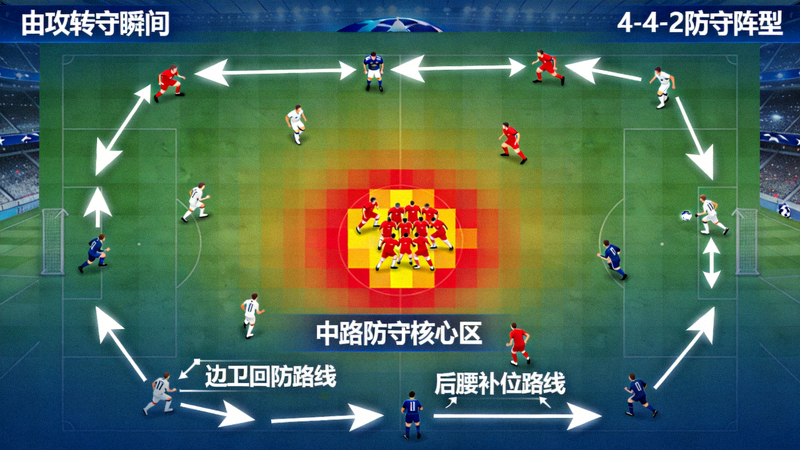 欧冠比赛中球队由攻转守瞬间形成紧凑防守阵型的战术热图与跑位路线图