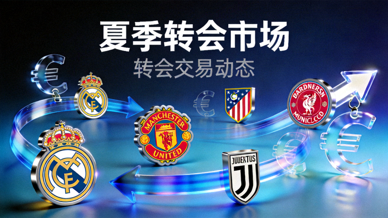 足球转会市场概念图，背景是欧洲各大豪门俱乐部队徽与代表转会交易的箭头和货币符号，象征夏季转会窗的暗流涌动