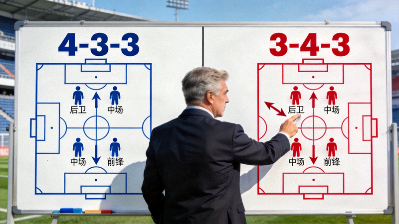 安切洛蒂在比赛中将阵型从4-3-3调整为3-4-3的战术板示意图