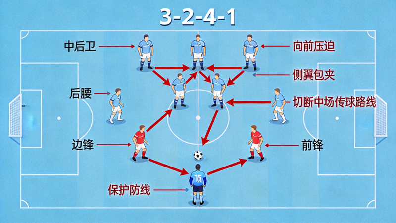曼城3-2-4-1阵型高位逼抢时球员站位与压迫路线的战术示意图
