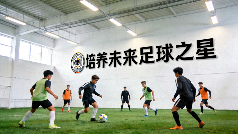 德国青训学院年轻球员在现代化室内训练场进行战术演练，墙上挂着德国足协青训标语