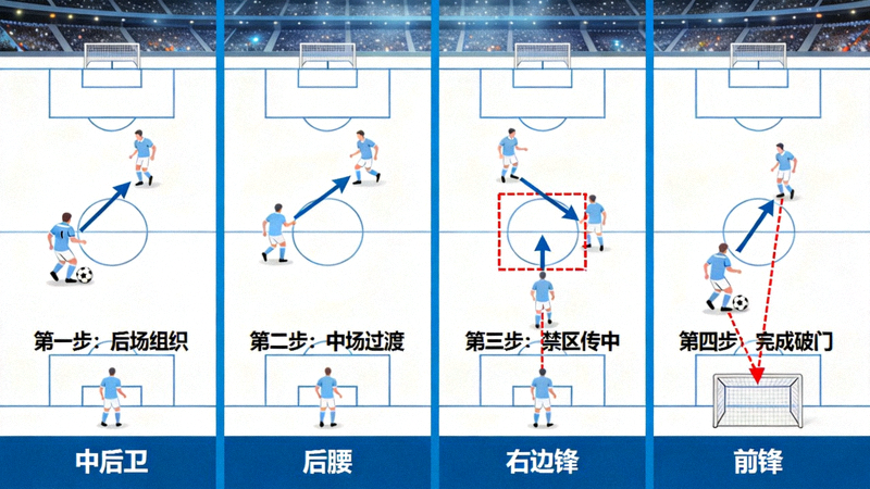 曼城进球分解图：展示从后场组织到最终破门的完整传球线路与球员移动