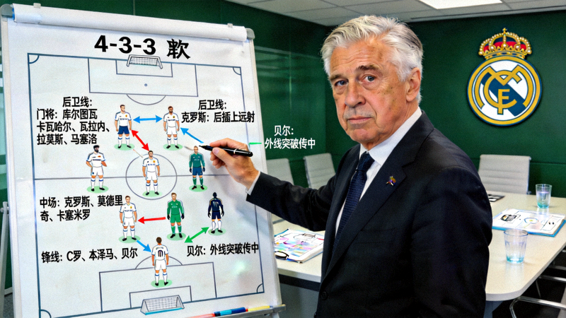安切洛蒂在战术板上讲解皇马二期阵容布置与跑位要求的示意图