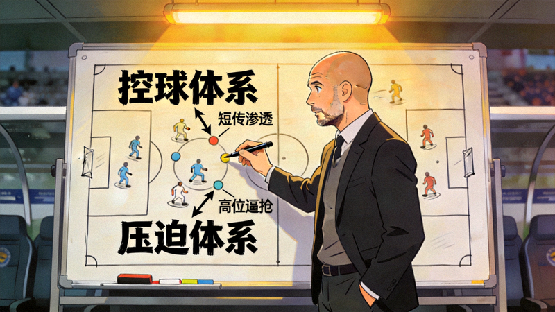 瓜迪奥拉在战术板上讲解其控球与压迫体系的示意图
