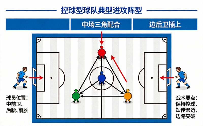 控球型球队典型进攻阵型示意图，展示中场三角配合与边后卫插上