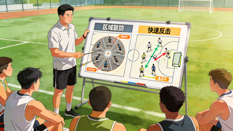 教练在训练场上向球员讲解可切换的战术模块示意图，展示不同防守与进攻情景